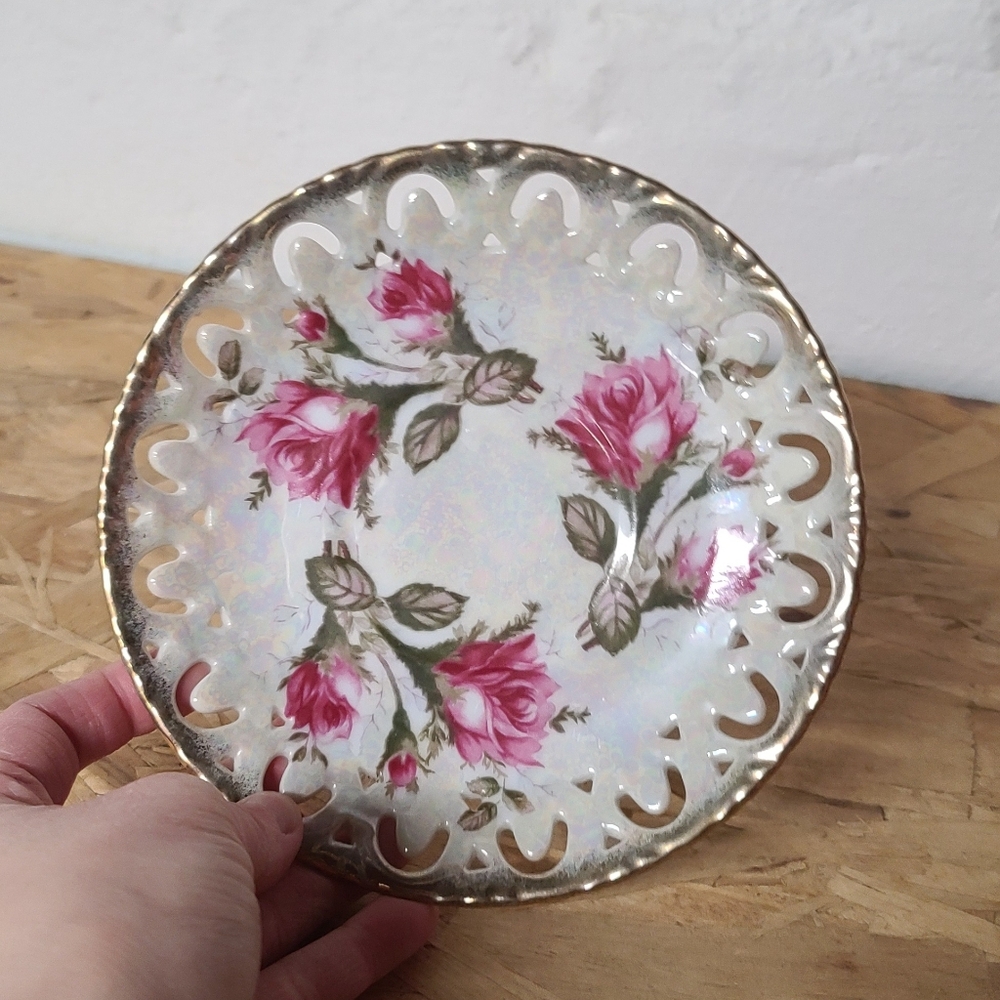 Royal Sealy Japan Decorative 6" Reticulated Saucer Lusterwear Pink Roses Gold